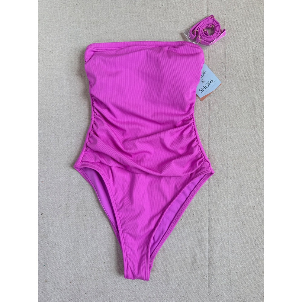 Shade & Shore Pink Ribbed One Piece Swimsuit Bandeau High Leg Cheeky NWT